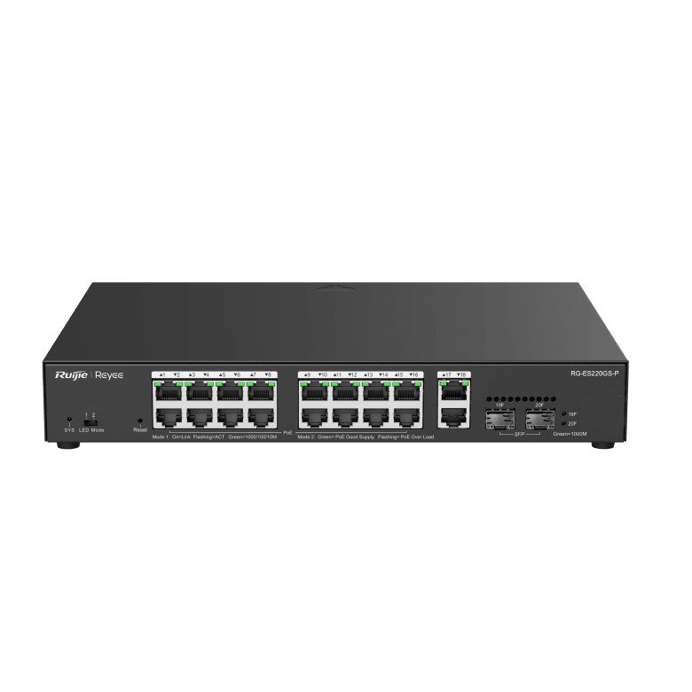 Switch PoE+ de 20 puertos (16 PoE+, 2 Gigabit y 2 SFP) administrado desde la nube Reyee RG-ES220GS-P