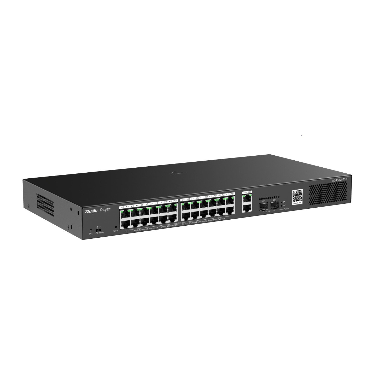 Switch PoE+ de 28 puertos (24 PoE+, 2 Gigabit y 2 SFP) administrado desde la nube Reyee RG-ES228GS-P